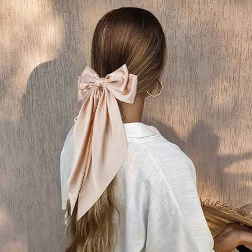 4 Pcs Hair Bows for Women Big Ribbon Bows for Hair Long Tail Bow Hair Clips Cute Hair Barrettes Hair Accessories for Girls (Black + Beige + Khaki + Curry)