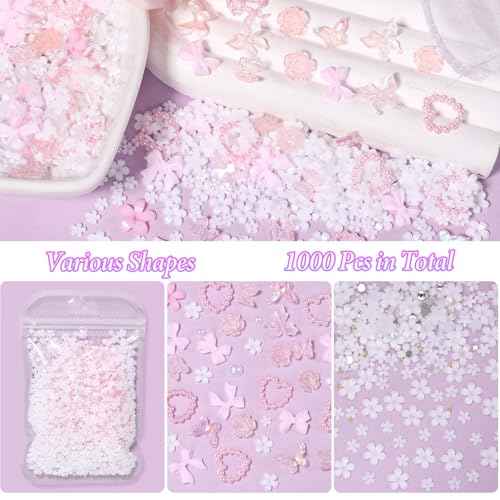 1000 Pcs White Flower Nail Charms, 3D Tiny Flowers Charms for Acrylic Nails Mixed Pink Bows Butterfly Petal Nail Art Charms, Caviar Beads and Half Nail Pearls for Manicure Nail Accessories