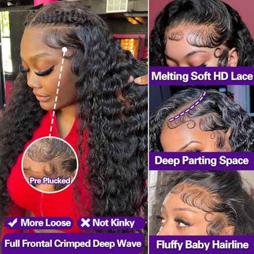 Durya Deep Wave Lace Front Wigs Human Hair 220% Density 13x4 HD Transparent Lace Deep Wave Frontal Wigs Human Hair Wig 22 Inch Deep Wave Wig Human Hair for Women