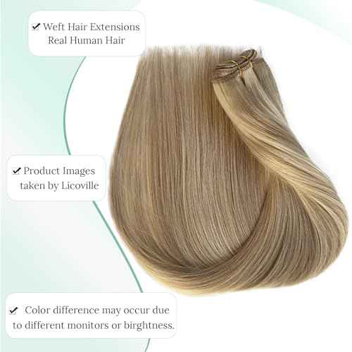 Weft Hair Extensions Real Human Hair Bundles Highlight Blonde Sew in Hair Extensions 18 Inch 100G Soft Natural Beige Blonde and Platinum Highlights Human Hair Weft Weave Bundles for Women
