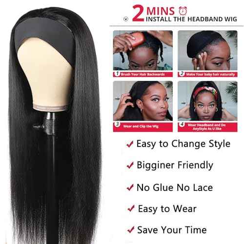 Headband Wig Human Hair Straight Headband Wigs for Black Women Glueless None Lace Front Wig Brazilian Virgin Human Hair 150% Density Natural Color 26 Inch