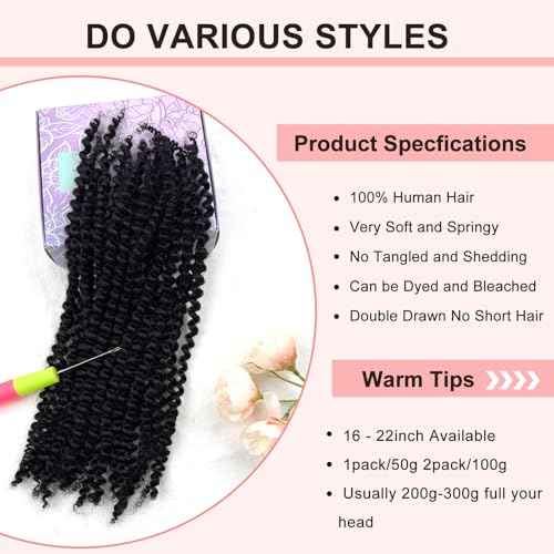 22 Inch Afro Kinkys Bulk Human Hair for Dreadlocks Extensions 2 Bundles 100g Afro Kinky-curly Human Braiding Hair Bundles for Mini Twist