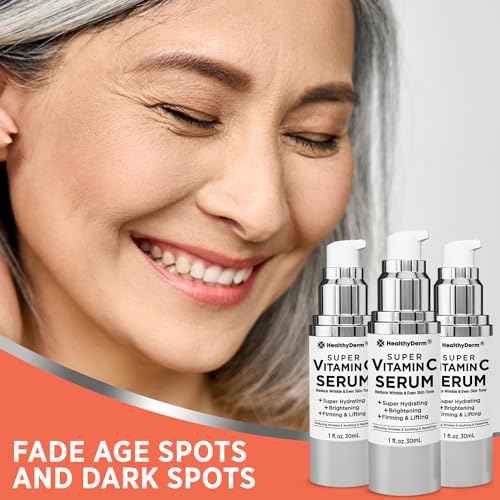 Super Vitamin C Serum for Women Over 70: Niacinamide, Vitamin C, Hyaluronic Acid, Peptides, Vitamin E, Caffeine, Bakuchiol, Hydrating, Lifting, Wrinkle & Age Spots Reduction Pack of 3