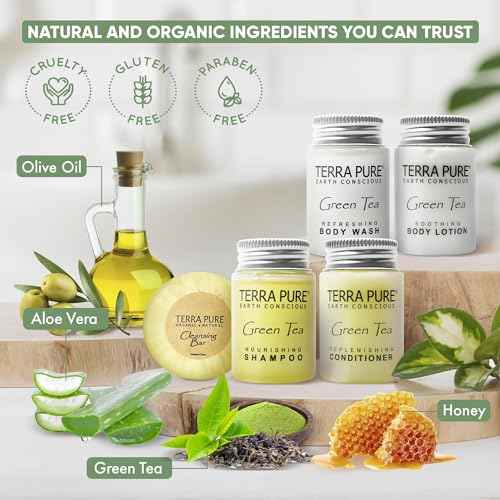 Terra Pure Green Tea Amenity & Accessory Kit | 1 oz Travel Size Shampoo, Conditioner, Lotion, Body Wash, 2 Soap Bars, Shave & Dental Sets, Make-Up Remover Wipes, & Vanity Kit | 60 sets per case