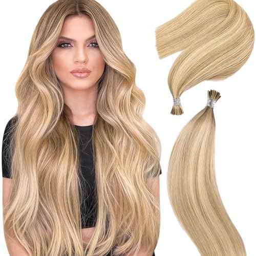 Eliysako I Tip Hair Extensions Human Hair Blonde Itip hair Dark Blonde Mix Bleach Blonde 20inch 50g/pack Itip Human Hair Extensions Real Soft Nature Cold Fusion For Women
