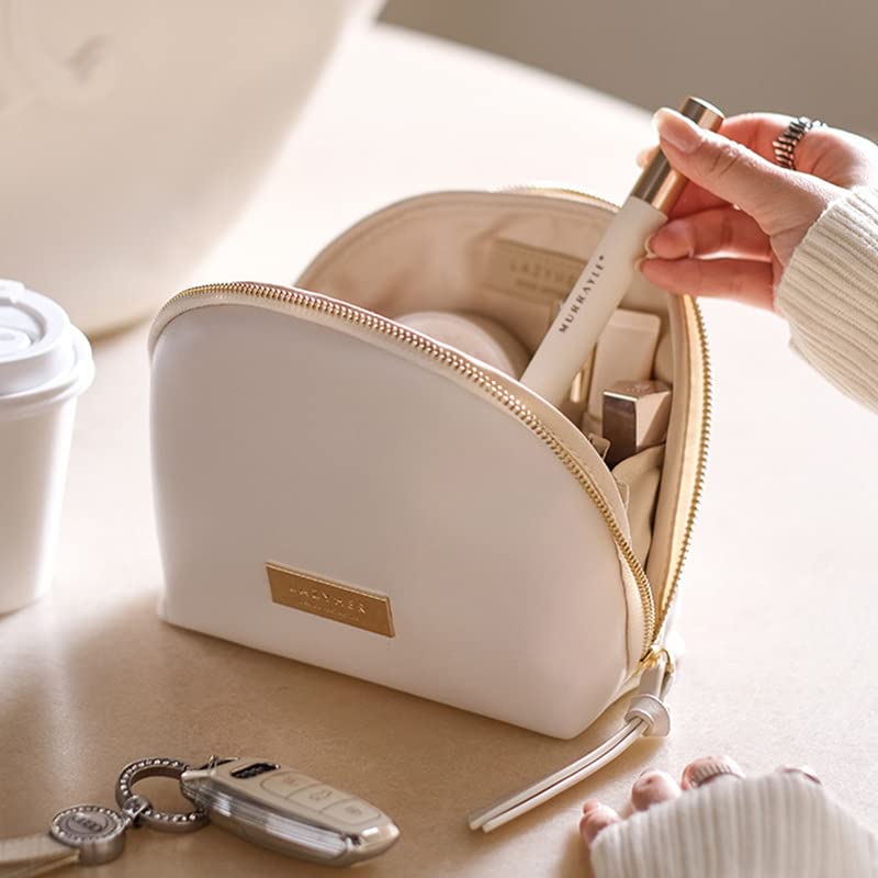 cirea Egg White Clamshell PU Makeup Bag for Purse Portable Small Cosmetic Travel Bag for Women Cute Skincare Bag (Egg White)