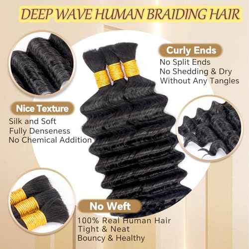 Human Braiding Hair for Boho Braids 3 Bundles 120g 20Inch Deep Wave Human Hair Braiding Hair 12A Brazilian Virgin No Weft Hair Extensions for Bohemian Knotless Braids Bulk Human Hair for Braiding