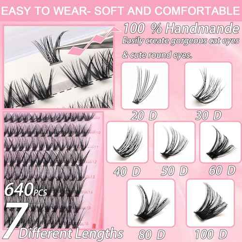 Manga Lash Clusters, 640 Pcs Eyelashes Clusters Extensions 9-16mm Individual Lashes D Curl Fluffy Wispy False Eyelashes Thin Band (30D&40D)