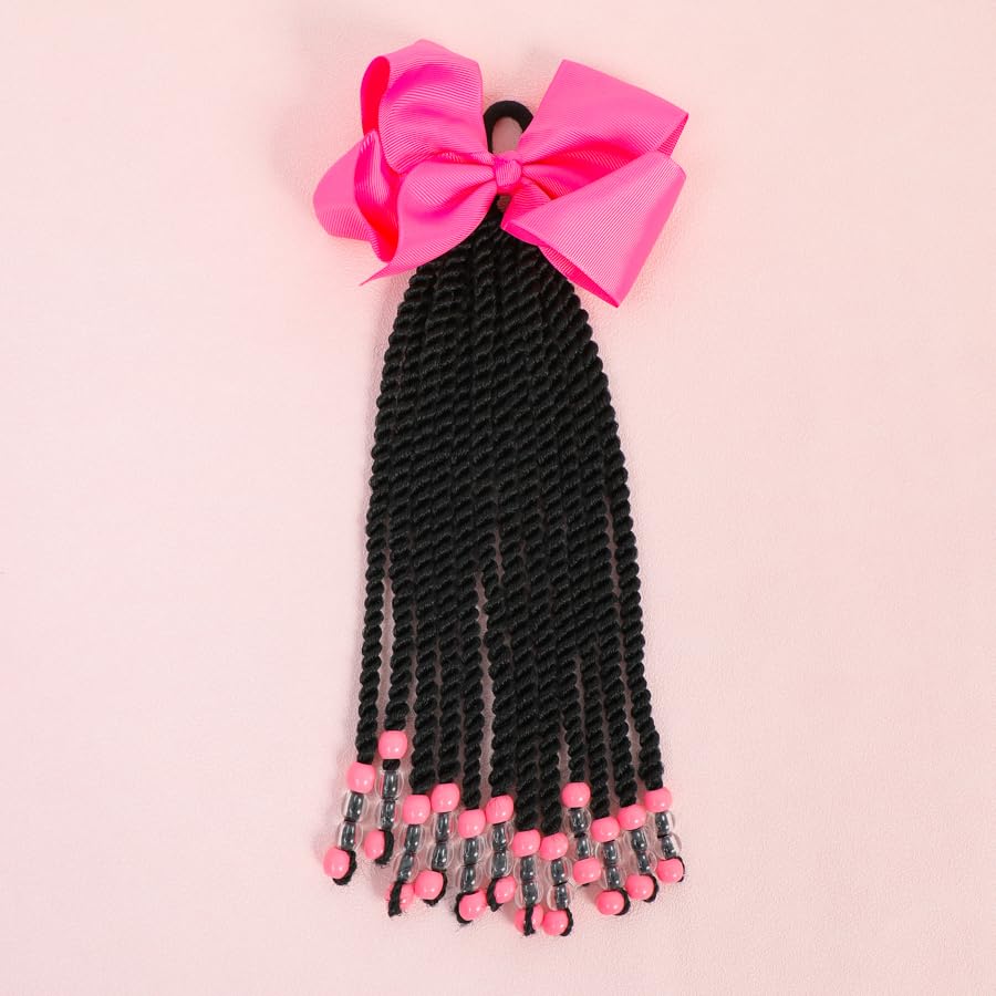 Passion Twist Kids Ponytail With Beads Braids Hair Extension Detachable Synthetic Curly Hairpieces With Bows Protective Easy Hairstyle For Girls Toddlers Children Gift (Pink, Twist-9inch)