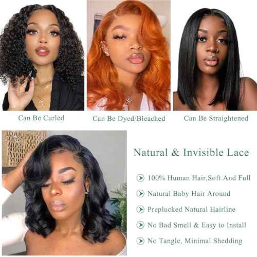 Douyin Bob Wig Human Hair 13x4 Lace Front Wigs Human Hair Pre Plucked Body Wave 180% Density 14 Inch HD Lace Frontal Short Glueless Wigs for Women (14 inch, Natural Black)