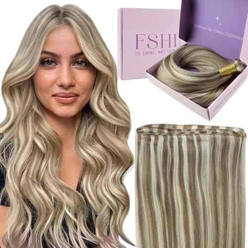 Fshine Genius Weft Hair Extensions Real Human Hair 22 Inch Light Brown with Platinum Blonde Sew in Hair Extensions Highlighted in Extensions Long Straight Hair 60g
