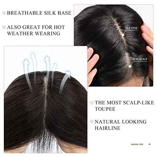 Hairro Human Hair Toppers for Women, Clip in Real Hairpieces, 130% Density 3"x5" Silk Base with Free Parting, for Covering Greyish Thinning Hair Loss/Adding Volume, 8 Inch Natural Black