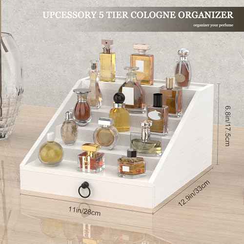 Wooden Cologne Organizer for Men Enhanced 5 Tier Cologne Stand Shelf Perfume Organizer with Velvet Lined Drawer & Hidden Storage Perfume Display Holder for Dresser Nice Gift (Elegant White)