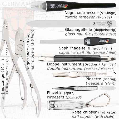 3 Swords Germany - brand quality 11 piece manicure pedicure grooming kit set for professional finger & toe nail care scissors clipper black genuine leather case in gift box, Made in Germany