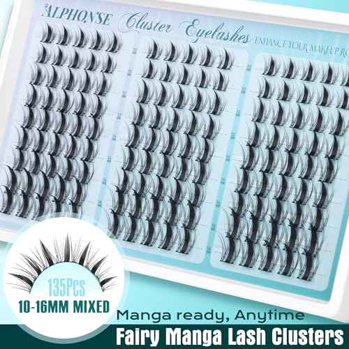 Anime Lash Clusters Fairy Manga Lashes Clusters 10-16mm Mixed Spiky Cluster Eyelash Extensions 135pcs Wispy Individual Lashes by ALPHONSE