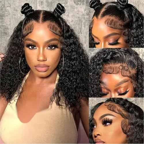 Deep Wave Bob Wig Human Hair 13x4 Hd Lace Front Wigs Human Hair Wear and Go Glueless Wigs Pre Plucked Pre Cut Short Curly Bob Wigs For Women 180% Density 10 inch