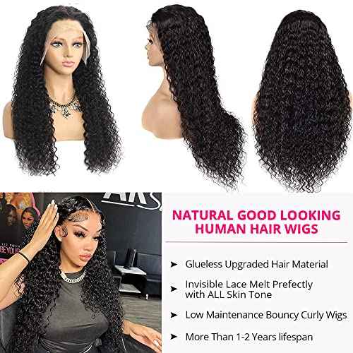 QinMei 13x4 HD Lace Front Wigs Human Hair Wigs for Black Women Deep Wave Glueless Wigs Pre Plucked With Baby Hair Curly Wave Human Hair Lace Frontal Wigs Natural Color 180% Density 18 Inch