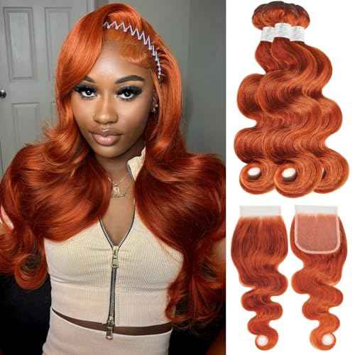 Ginger Orange Body Wave Human Hair Bundles with 4x4 HD Lace Closure 100% Brazilian Unprocessed Hair Colored Bundles and Closure Free Part 16 18 20+16 Inch