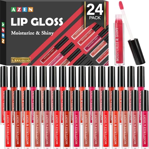 AZEN 24 Pack Lip Gloss Bulk Set, Shimmery Lip Gloss for Women and Girls With Rich Varied Colors