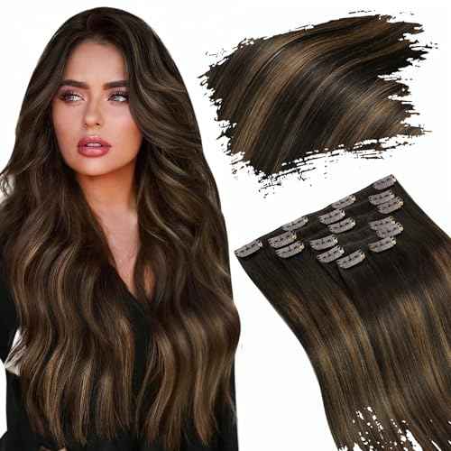 Ugeat Clip in Human Hair Extensions 20 Inch Seamless Hair Extensions Clip in Brown Balayage Clip on Extensions Human Hair Darkest Brown Mix Medium Brown 7Pcs 120G 2/6/2