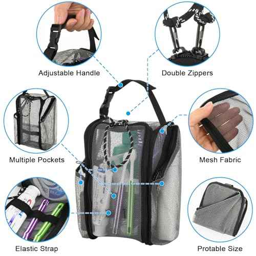 Cosmos Mesh Shower Caddy Toiletry Organizer Hanging Shower Tote Bag, Quick Dry Shower Organizer Portable Bath Bag with Durable Zippers & Side Pockets for Travel Gym Swimming Beach & Camp (Gray)
