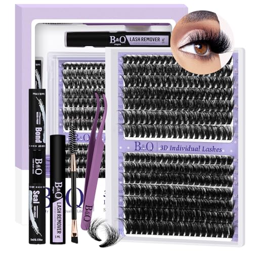 B&Qaugen Lash Extension Kit 3D Thick Lash Clusters Kit 280pcs Eyelash Extension Kit 10-18mm 70D+90D D Curl DIY Lash Extension Kit with Lash Bond and Seal, Lash Remover (KIT-70D+90D-MIX10-18mm), Black