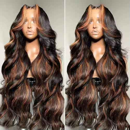 28 Inch Highlight Ombre Lace Front Wig Wear and Go Glueless Wig 1B/30 Body Wave Lace Front Wigs Synthetic Blended Hair Pre Plucked with Baby Hair 220% Density