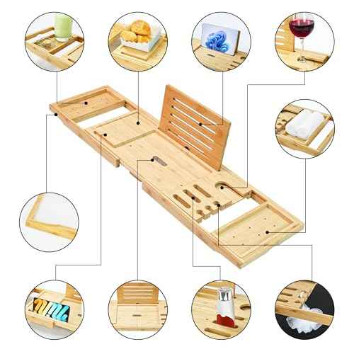 Bathtub Tray - Luxury Bamboo Bathtub Tray for Bath Accessories, Expandable Bath Caddy with Wine Glass Holder, for Her, Anniversary, Spa and Relaxation