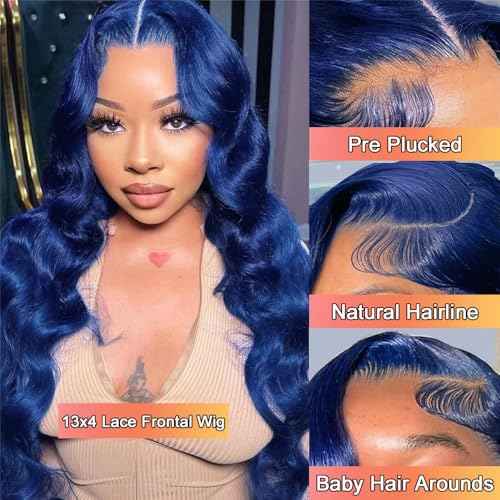 Blue Lace Front Wigs Human Hair Body Wave 13X4 HD Dark Blue Lace Front Wig Human Hair Wear and Go Glueless Navy Blue Wig Human Hair Pre plucked with Baby Hair Royal Blue Frontal Wigs For Black Women
