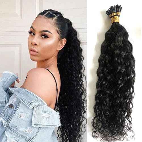 Water Wave I Tip Human Hair Extension Pre Bonded Microlink Wet & Wavy Micro Beads Keratin Stick I Tip Hair For Women 26inch 100Strands 100g, Natural Black 1b