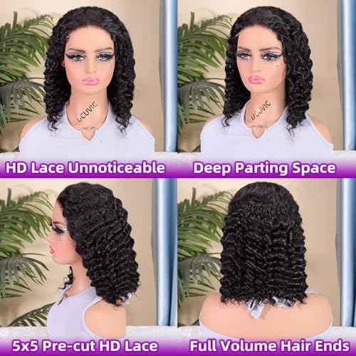 UCUVIC Curly Bob Wig Human Hair 5x5 Wear And Go Glueless Wigs Human Hair Pre Plucked Pre Cut Deep Wave Lace Front Closure Wigs For Black Women 200 Density Curly Wig Glueless Wear And Go Black 12 Inch