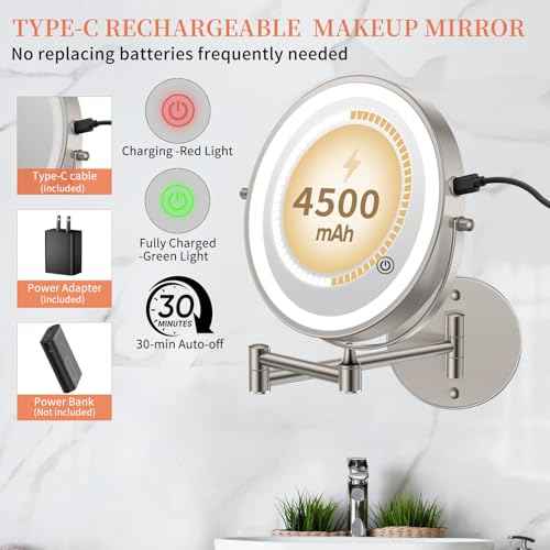 FUNTOUCH 9" 30X/1X Magnifying Wall Mounted Lighted Makeup Mirror, 4500mAh Rechargeable Double Sided Mirror with Light, 3 Color Lights,Touch Dimmable, 360 Rotation Extended Arm for Bathroom,Nickel