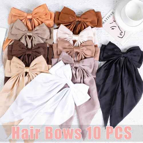 10 PCS Large Hair Bows Ribbon Bow for Women,Hair Bows for Womens,Oversized Long-tail Cute Aesthetic Hair Accessories,Large Hair Barrettes for Women,Big Bows for Girls£¨Warm brown