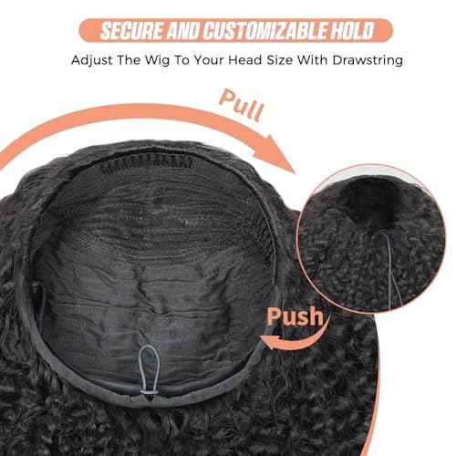 Domiso Afro Kinky Curly Half Wig Human Hair Seamless Kinky Curly 3 In 1 Half Wig Flip Over Beginner Friendly Glueless Wear & Go Drawstring Heandband Clip in Wig No Sew In Black Color 20 Inch