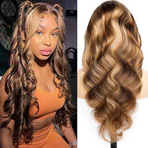 #4/27 Ombre Highlight Lace Front Wigs Human Hair Pre Cut 5X5 Glueless Honey Blonde Body Wave Wigs for Women Pre Plucked with Baby Hair Lace Closure wig 200% Density£¨22inch£©