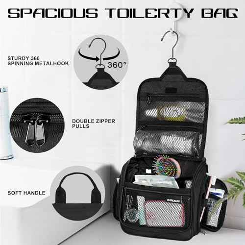 Goloni Hanging Toiletry Bag with Hook, Large Makeup Bag Travel Organizer, Water-Resistant Hanging Cosmetic Bag with 10 Compartments for Women & Men,Black