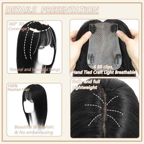 Hair Toppers for Women Real Human Hair,360¡Æ3D Big Basement Cover Topper for Women with Thinning Crown with Wispy Clip in Bangs Realistic Scalp (1B, 3D Wispy Bangs 14INCH)