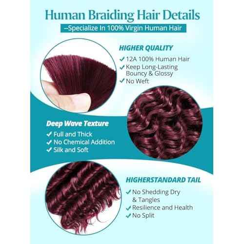 160g 5 Bundles/Pack Burgundy Human Braiding Hair for Boho Braids 20 Inch Curly Boho Hair for Braiding Knotless 12A Deep Wave Bulk Bohemian Color 99J