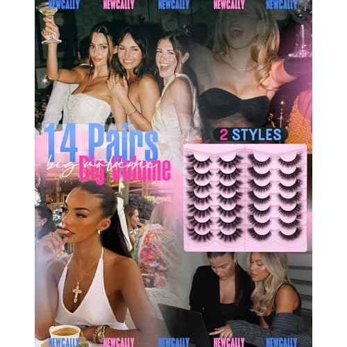 Newcally False Eyelashes Thick Volume Wispy Faux Mink Lashes 8D Volume Long Cat Eye Lashes Dramatic 18MM 2 Styles Mixed Fake Lashes 14 Pairs Pack