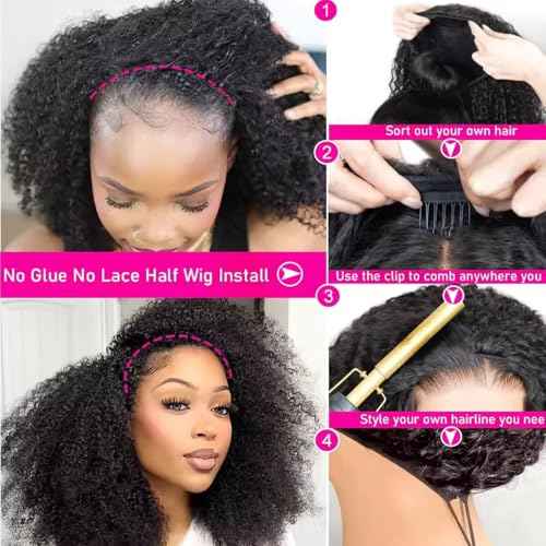 warbler 22 Inch Half Wig Human Hair 200% Density 3 In 1 Seamless Flip Over headband wig human hair Glueless Wear and Go Beginner Friendly Kinky curly human hair wig Drawstring Headband Wig for Women