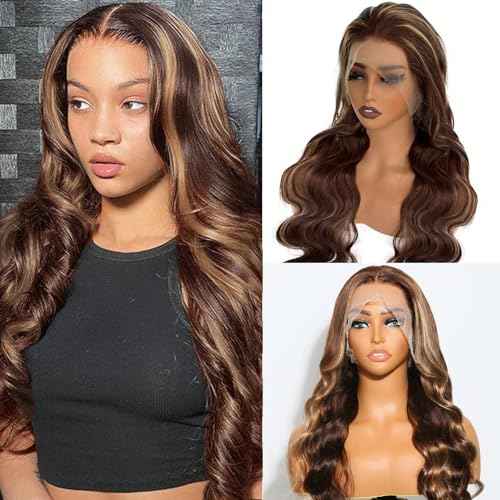 HD Transparent Lace Front Wig Human Hair 28Inch 13x4 Highlight Lace Frontal Wigs Human Hair Pre Plucked 180% Density 4/27 Honey Blonde Body Wave Wigs for Women