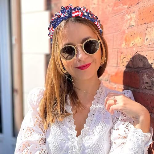 CEALXHENY 4th of July Headbands for Women, 4th of July Accessories, American Flag Patriotic Headbands, Rhinestone Pearl Knotted Headbands Beads Embellished Jeweled Headbands Holiday Gifts (US Flag D)