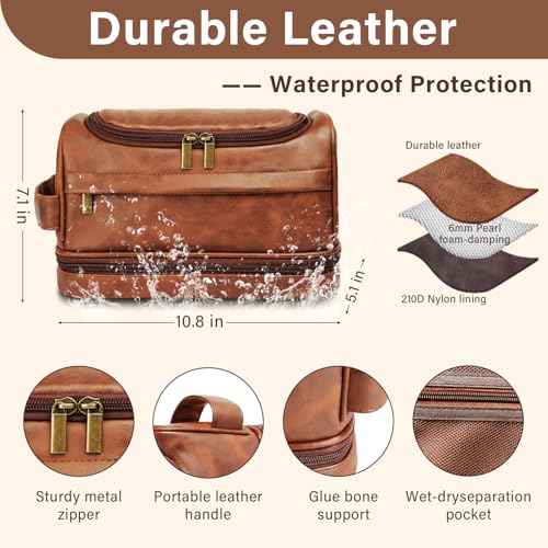 Toiletry Bag for Men, Large Leather Travel Essentials Shaving Kit, Water Resistant Bathroom Toiletries Organizer Cosmetic Bags, Gifts for Men, Him, Father, Dad, Husband, Son, Boyfriend, Grandpa