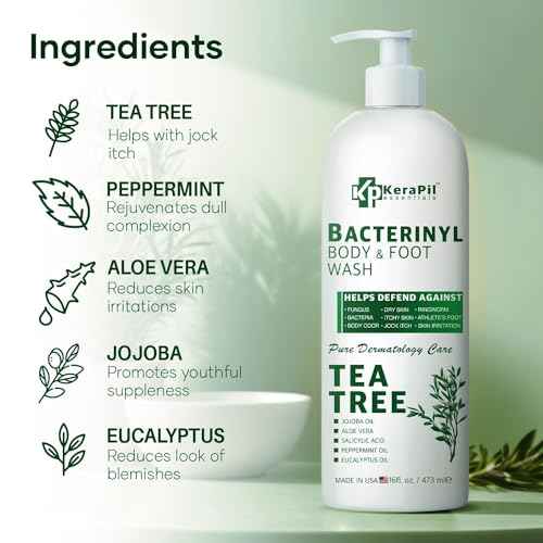 Bacterinyl Tea Tree Oil Body Wash - Antibacterial & Antifungal Support for Ringworm, Body Odors, Athlete¡¯s Foot & Acne, Helps Soothe Itchy, Dry Skin - Made in USA (16 fl oz)