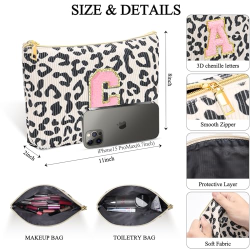 Personalized Initial Cute Pink Cosmetic Bag for Women, Graduation Gifts Makeup Pouch Organizer Bag for Girls 10-14, Travel Toiletry Bag for Her Mom Girlfriend Wife Teacher Birthday Gifts, Leopard P