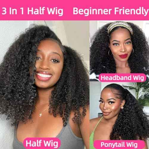 Half Wig 200 Density Kinky Curly Half Wig Human Hair Glueless Wear Go Curly Wig Beginner Friendly Seamless Flip Over Wig with Drawstring 3 In 1 Headband Wig for Women 16 Inch