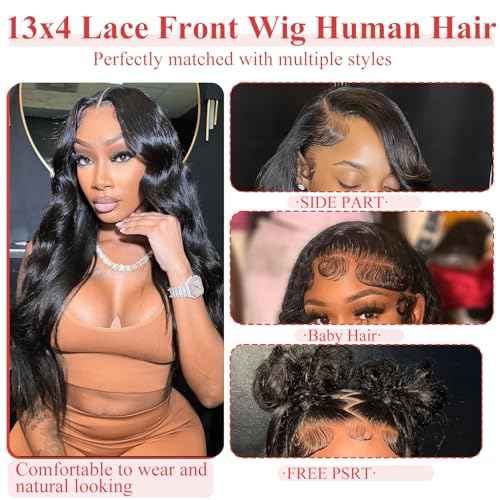 13x4 Lace Front Wig Human Hair Body Wave Natural Black 180% Densit HD Transparent Lace Pre Plucked Glueless Wigs Brazilian Virgin Human Hair for Women 18inch