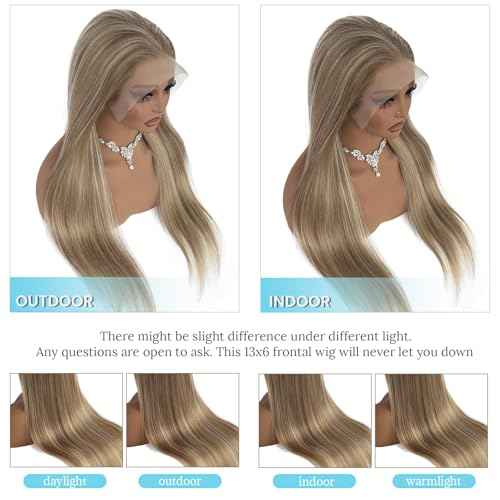 13x6 Ombre Blonde Lace Front Wig Human Hair HD Lace Balayage Highlight Ash Blonde Long Straight Frontal Lace Wigs 180% Density 22 Inch Glueless Blonde Highlight Wig with Brown Roots Pre Plucked