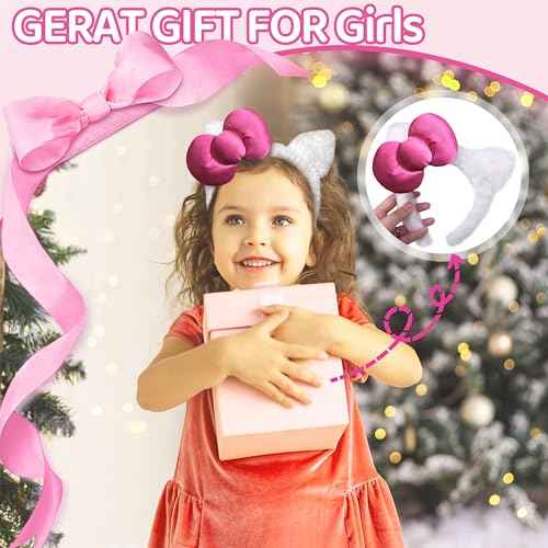 Kitty Headband White Cat Ears Hair Accessories with Pink Bow Birthday Party Costume Christmas Gifts for Women