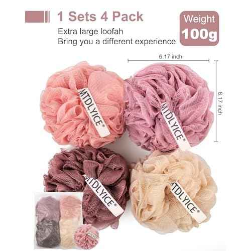 Loofah Sponge, XXL Large Loofah 100g 4 Pack, Bath Sponge Soft Mesh Shower for Men, Body Scrub, Shower Pouf Bath Accessories, for Body Wash, Soap (Red Soil)